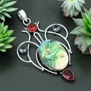 925 Silver Pendant With Abalone Shell, Amethyst, Garnet.  Amazing Filiagree